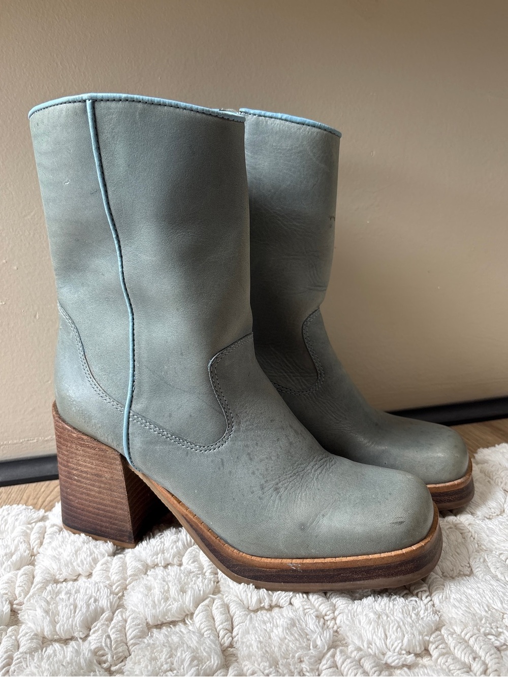 Vintage 90s Connie Too Platform Boots Size 8.5 - Blue Leather & Chunky Wood Heel - Picture 15 of 15